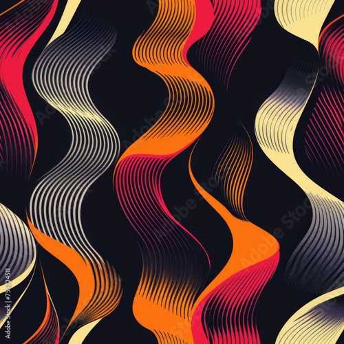 The image is a colorful abstract piece with orange, black, and white stripes