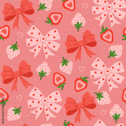 Seamless pattern with strawberries and bows. Vector graphics.
