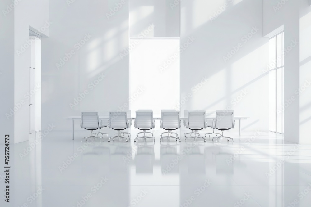 Conference room modern design.white empty wall. Modern furnished conference room beautifully designed.Meeting room in office bright stylish design copy space. Business interior concept - obrazy, fototapety, plakaty 