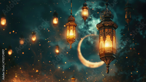 Eid ul fitr, Ramadan Kareem,Eid al Adha, Eid Mubarak.Muslim symbolism with islamic lantern and crescent.Holiday card