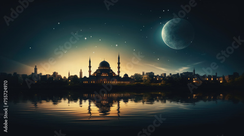 A large beautiful mosque against the backdrop of the night sky, a crescent moon. Islamic background and symbolism.Eid ul fitr, Ramadan Kareem,Eid al Adha, Eid Mubarak