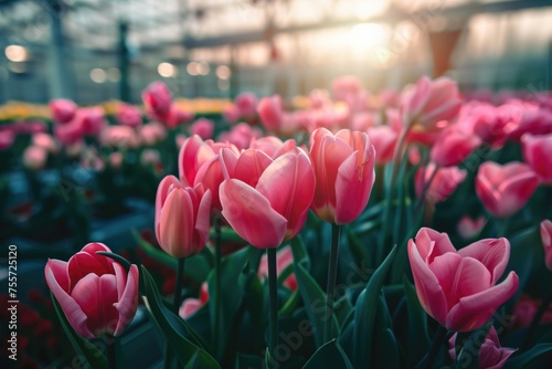 Plantation of tulips in a greenhouse.  Rows of fresh blossoming tulips. photo