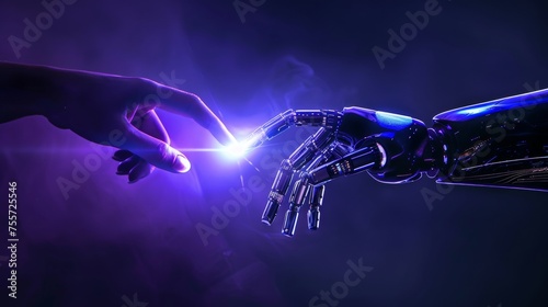 Robotic hand and human hand touching each other