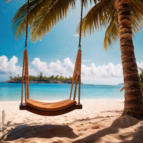 Relaxing tree swing on tropical beach with ocean in the background