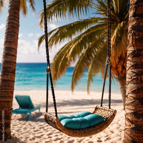 Relaxing tree swing on tropical beach with ocean in the background