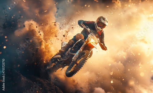 A motocross rider soars through the air, backlit by a dramatic explosion of earth and light, capturing a moment of extreme sport action.