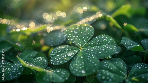  Fresh green clover leaves sparkling with dew in the sunlight