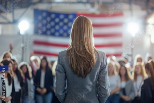 Rear view of businesswoman looking at camera while standing in convention center