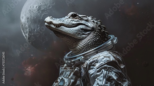 An alligator in a sleek space outfit navigating the asteroid bel photo