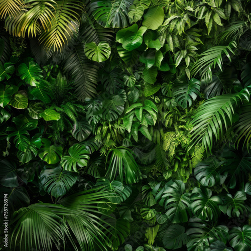 Lush green tropical leaves filling the frame with various shades and textures