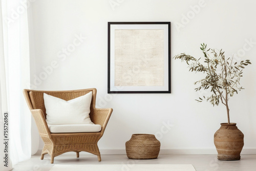 Boho charm in a modern living room with a wicker chair, floor vases, and a blank mockup poster frame against a crisp white wall.