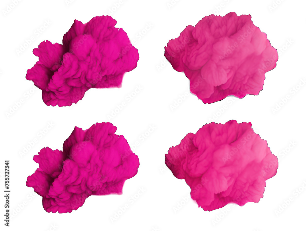 Set of magenta paint color powder festival explosion burst isolated on transparent background, transparency image, removed background