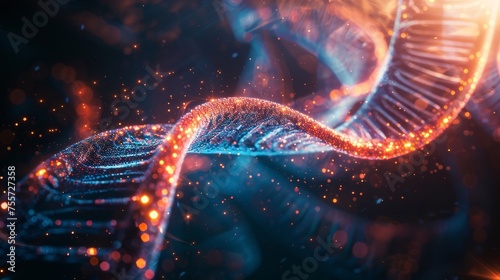 Glowing DNA strands spiraling through a digital