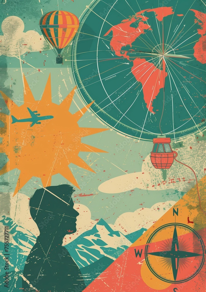 Wanderlust scene in a vintage travel poster style, bursting with trendy active colors.