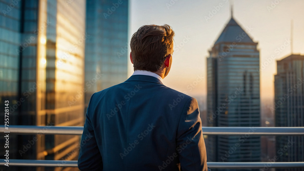 Happy wealthy rich successful business man standing with his back on a balcony in front of a tall skyscraper building in a modern city at sunset time
