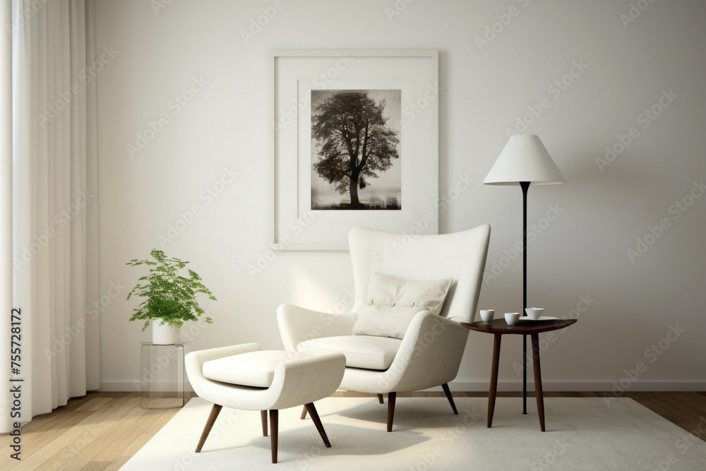 Fototapeta premium Clean and modern living room design with white frame, armchair, table, lamp.