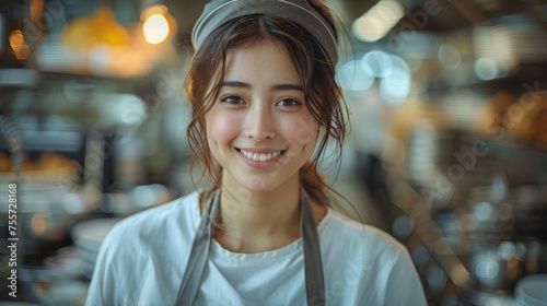 photo of ayoung cleaning lady in a restaurant kitchen, realistic, smiling photo