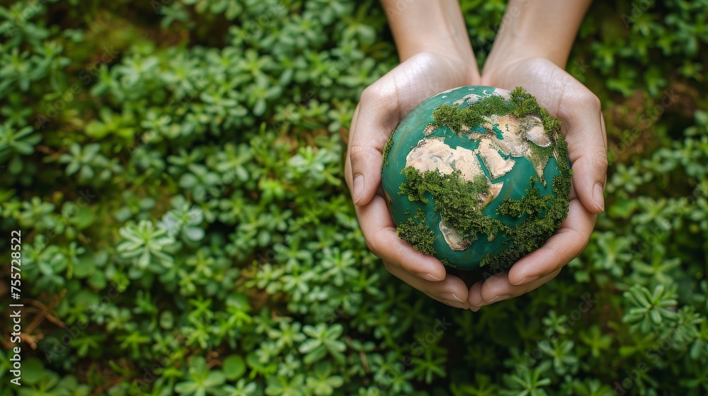 Hands holding Earth globe on a natural green background Hands holding Earth globe on a natural green background