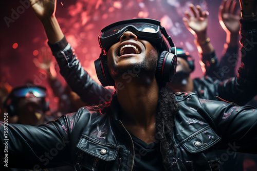 Virtual Concert Experience: Fans wearing VR headsets, attending a virtual concert, capturing the energy and excitement of live performances in a virtual space.