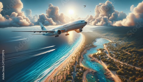 An airplane flies over a tropical beach with clear blue water, palm trees, houses against the backdrop of the sunrise. Air travel with a travel agency to an exotic country on vacation