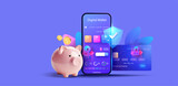 Digital Wallet Concept with Smartphone, Piggy Bank, and Credit Card. Futuristic digital wallet display on a smartphone, alongside a piggy bank and secure credit card vector illustration