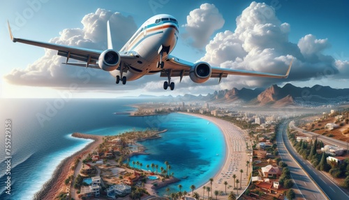 An airplane flies over a tropical beach with clear blue water, palm trees, houses against the backdrop of the sunrise. Air travel with a travel agency to an exotic country on vacation