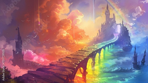 A rainbow bridge connecting two magical lands.