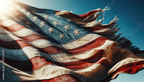 Close-up of a frayed American flag against a blue sky, symbolizing resilience and patriotism