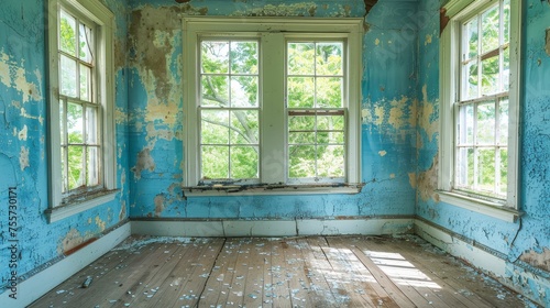 Interior of a room with peeling paint