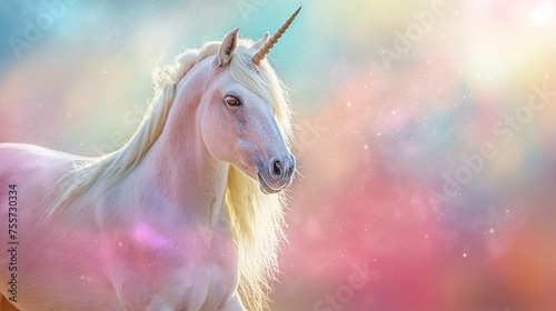 Fabulous beautiful white unicorn in the sky with a rainbow