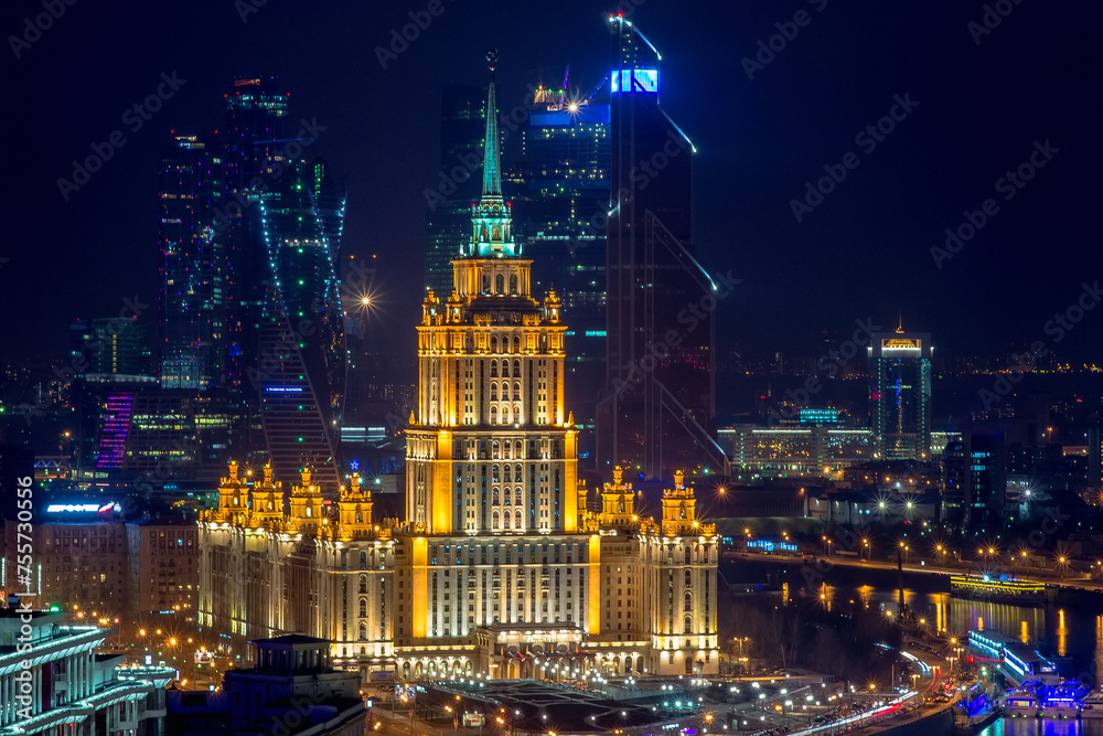 Obraz premium Hotel Ukraine and Moscow City business complex at night in Moscow, Russia. I have only one version of the photo with sharpening