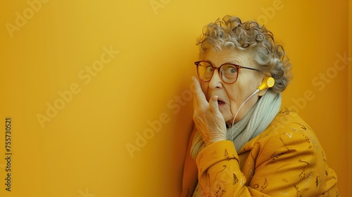 Curious old grandmother neighbor eavesdrops on her neighbors behind the wall, emotions of surprise and shock on yellow background. Problems with noisy, noxious neighbors