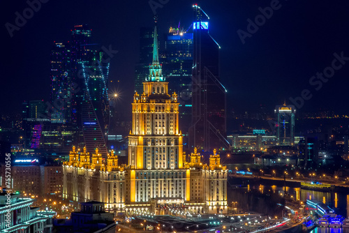 Hotel Ukraine and Moscow City business complex at night in Moscow  Russia. I have only one version of the photo with sharpening