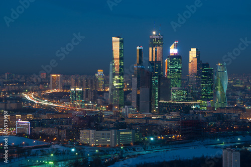  Modern Moscow International Business Center at night. Investments in Moscow International Business Center was approximately 12 billion dollars