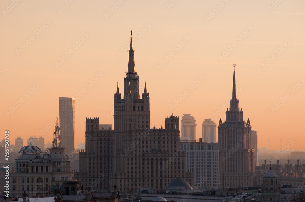 Residential house on Kudrinskaya Square and Ukraine hotel (Stalin skyscrapers) at morning in Moscow