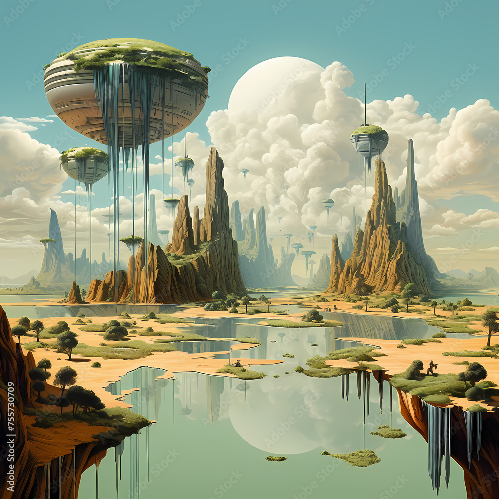 Fotografie Surreal desert landscape with floating islands.