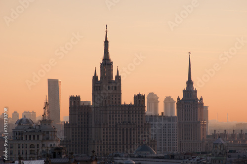 Residential house on Kudrinskaya Square and Ukraine hotel (Stalin skyscrapers) at morning in Moscow