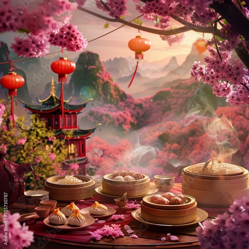 Commercial illustrate of A traditional Chinese tea garden with dim sum dishes being served on bamboo steamers amidst blooming cherry blossoms.