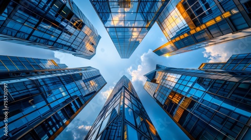 Glistening urban skyscrapers contemporary office buildings set against a vivid blue sky