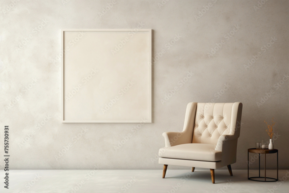 Comfortable beige chair beside a blank frame on a soft wall. Comfortable beige chair beside a blank frame on a soft wall.