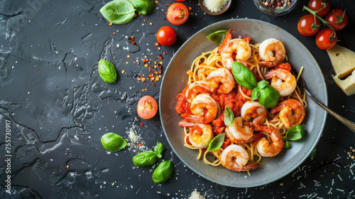 Food photography. shrimp pasta in tomato-garlic sauce, garnished with basil leaves, small balls of white mozzarella cheese, cherry tomatoes, parmesan cheese