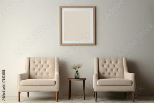 Comfortable beige chair beside a blank frame on a soft wall.