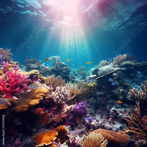 Underwater world with colorful coral reefs. © Cao