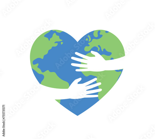 save the planet concept, heart shaped earth symbol with hugging hands, vector icon