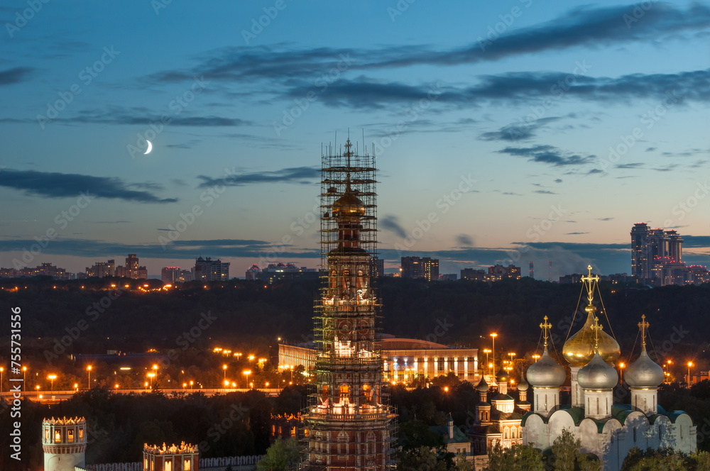 Novodevichy Convent during renovation at moonlit night in Moscow