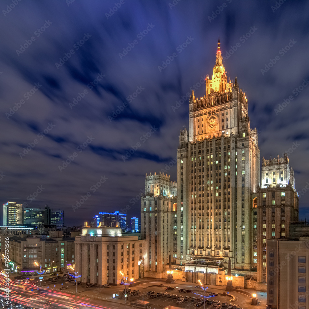 Foreign Ministry building with illumination at evening in Moscow. Long exposure