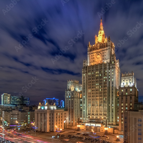 Foreign Ministry building with illumination at evening in Moscow. Long exposure