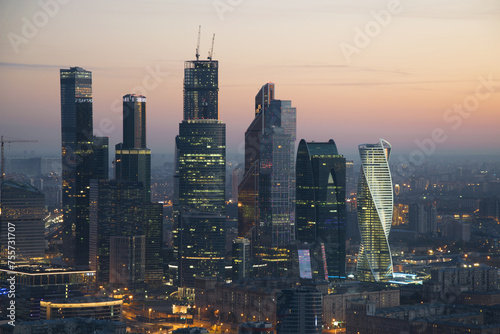  Modern Moscow International Business Center at morning. Investments in Moscow International Business Center was approximately 12 billion dollars