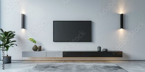 Mockup of a tv on a cabinet in an empty room in modern style with a white wall background, 3d render, 3d illustration photo