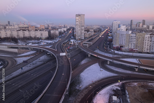Road interchange of People Militia street, Mnevniki street and avenue Marshal Zhukov in Moscow at evening photo